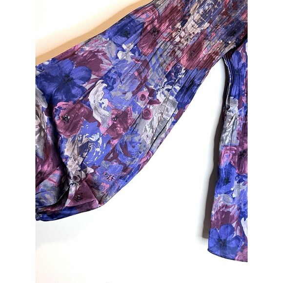 Elie Tahari Floral Pleated V-Neck Blouson Sleeve Peasant Blouse Women Size Large - Picture 4 of 9